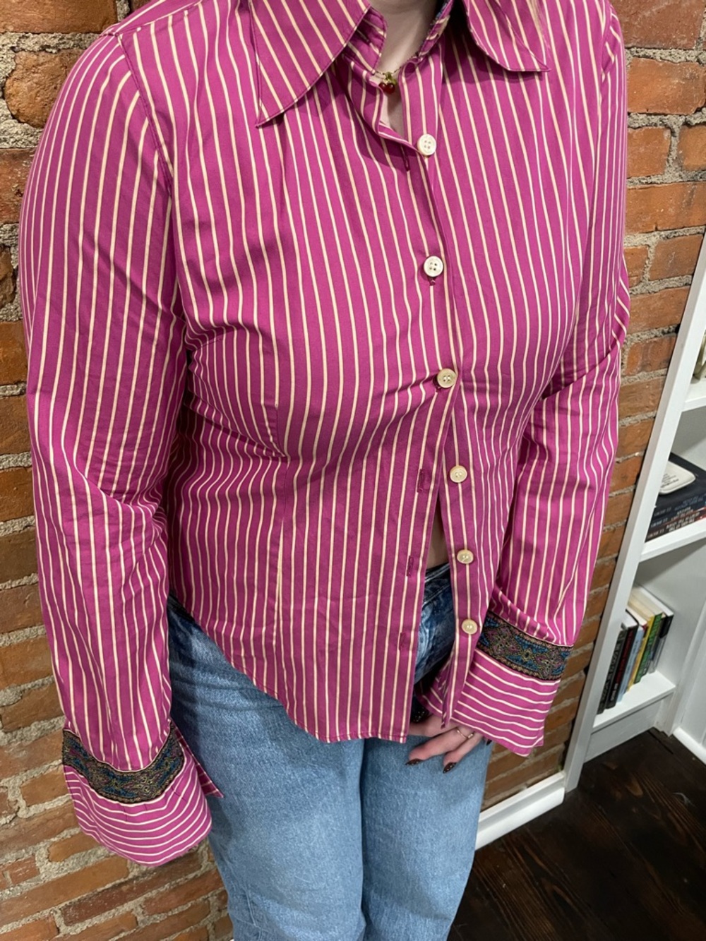Adorable Striped Fuchsia Button-Down Shirt with Contrast Cuff Detail | Size M